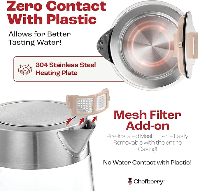 Electric Kettle for Boiling Hot Tea & Water | 1.8L Stainless Steel Borosilicate Glass Boiler With No Plastic, Automatic Shutoff, BPA Free, Fast Heating Technology (Cream)