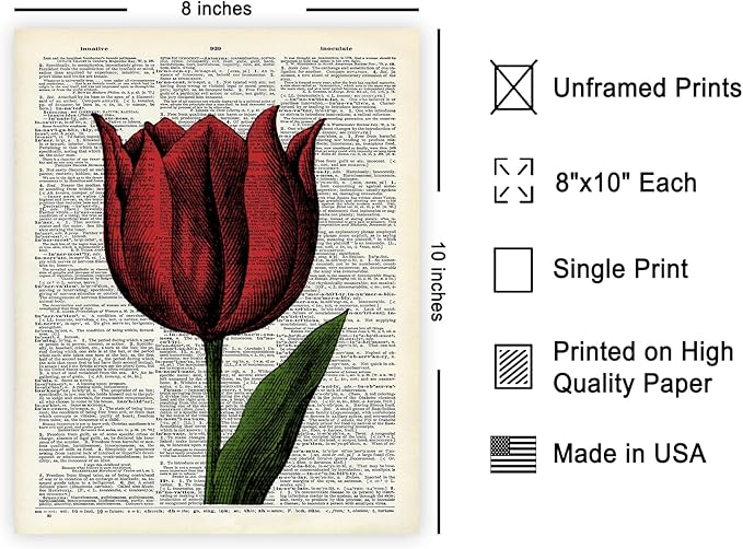 Poster Master Dictionary Art Poster - Tulip Print - Red Flower Art - Floral Art - Gift for Men, Women & Florist - Minimal Decor for Living Room, Bedroom, Dorm or Flower Shop - 8x10 UNFRAMED Wall Art
