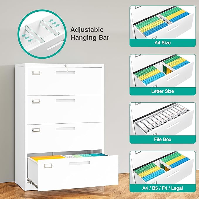4 Drawer Lateral File Cabinet with Lock,White Lateral Filing Cabinet,Horizontal Metal Filing Cabinet,Locked Wide Four Drawer File Cabinet for Office Home,Fit A4/F4/Letter/Legal File,-Assembly Required