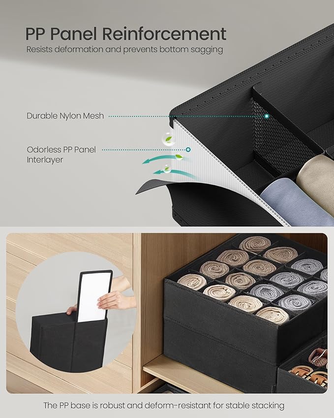 SONGMICS Set of 4 Underwear Organizers, Drawer Organizers, Dresser Closet Storage, 80 Cells (2x16+2x24), Foldable Dividers, 11.8 x 11.8 x 3.9 Inches, for Socks, Ties, Belts, Ink Black URUS011B01