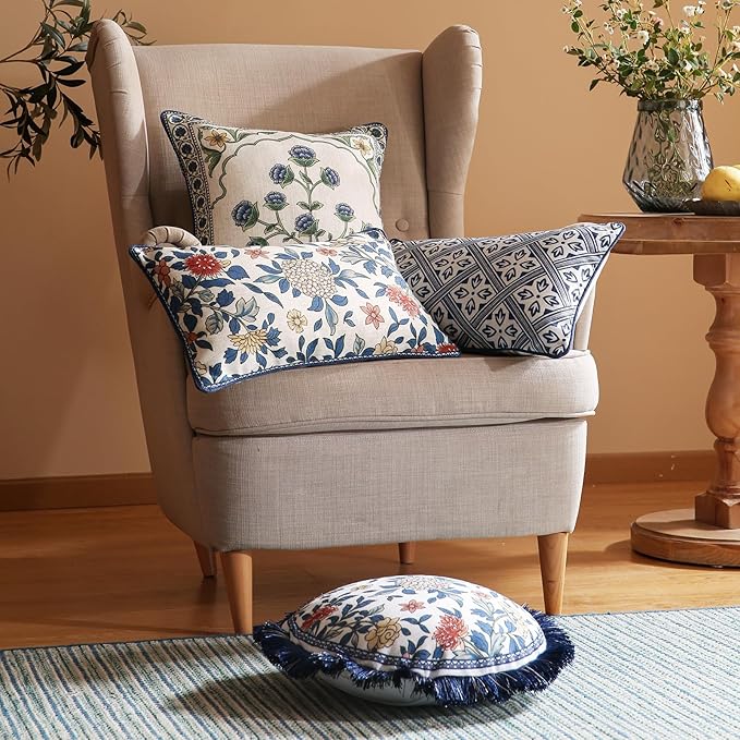 patdrea Designer Throw Pillow Covers Set of 2,Euro Elegant Linen with Colorful Blooming Floral Pattern Pillow Cover,Decorative Lumbar Pillowcases Cushion for Bed Living Room Outdoor Car,12"x20"