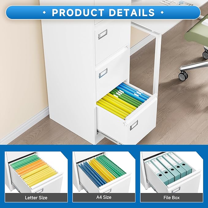 4 Drawer File Cabinet with Lock Metal Vertical File Storage Cabinet Office Home Steel Vertical File Cabinet for A4 Legal/Letter Size Narrow File Cabinet Locked,Assembly Required