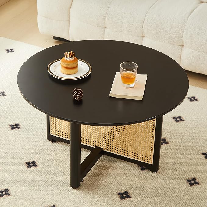 Small Round Coffee Table – 31.5" Solid Wood & Rattan Coffee Table, Modern Rustic Accent Table for Living Room, Boho Style