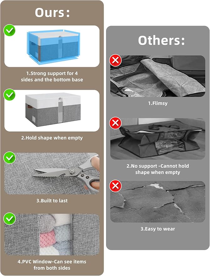 Reinforced LARGE Blanket Storage Baskets with Lids, 2 Packs Stackable Comforter Storage Bag with Clear Window & Handles, Clothes Organizer for Closet,King/Queen Comforters Quilt Duvet