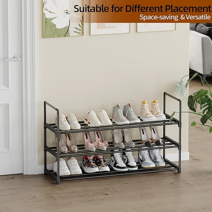 Metal Shoe Rack, 3-Tier Shoe Organizer with Adjustable Shelf Height, Sturdy Shoe Storage Shelf, Perfect for Front Door Entrance, Closet & Entryway, Easy to Assemble, DIY Layering Options (S - 3 Tier)