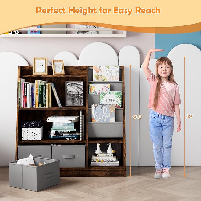 Rustic Kids Bookshelf Wood Montessori Toy Storage Organizer Cabinet Shelf Child Bookcase Toddler Baby Sling Book Rack 3 Cube Bin Fabric Drawers for Playroom Bedroom Nursery School