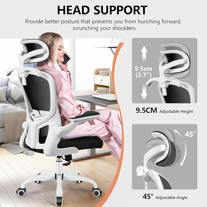 FelixKing Office Chair with Headrest, Ergonomic Desk Chair with Wheels, Task Swivel Comfy Chair with Adjustable Lumbar Support, Breathable Mesh Computer Chair with flip-up Armrests for Home (White)