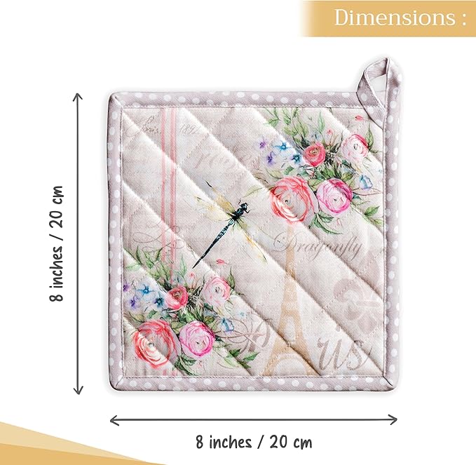 Maison d' Hermine Pot Holders 100% Cotton Heat Resistant Potholders 8" x 8" Hot Pads with Loop BBQ, Cooking, Baking, Grilling, Kitchen, Handling Hot Pans Spring/Summer (Pack of 1, Champ De Mars)