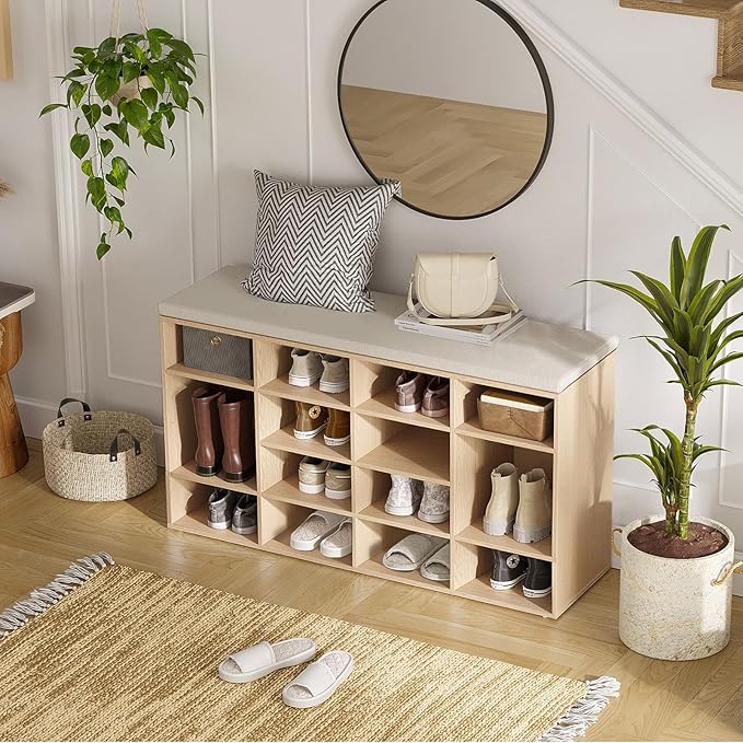 DINZI LVJ Shoe Storage Bench with Cushion, 16-Cubby Shoe Rack, Adjustable Shelves, 40.9" Long Shoe Organizer Bench for Entryway, Mudroom, Hallway, Garage, Natural and Cappuccino Beige