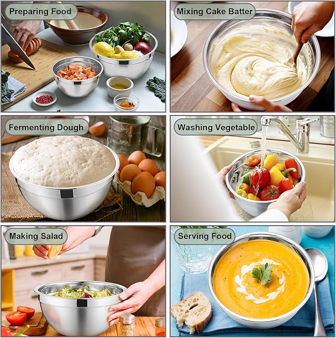 P&P CHEF Mixing Bowls with Lids Set of 6, Stainless Steel Nesting Salad Bowl & 3 Grater Attachments for Prepping Storing, 4.6/2.6/2/1.5/1/0.7 QT, Black