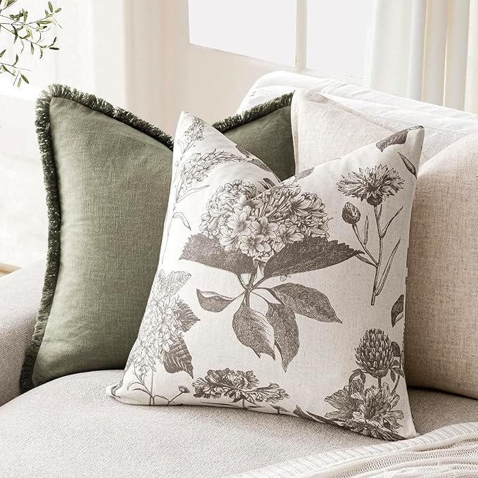 Foindtower Set of 2 Linen Floral Throw Pillow Covers Vintage Accent Print Decorative Cushion Covers Farmhouse Boho Home Decor for Sofa Chair Couch Bedroom Living Room Outdoor,22×22 Inch,Light Gray