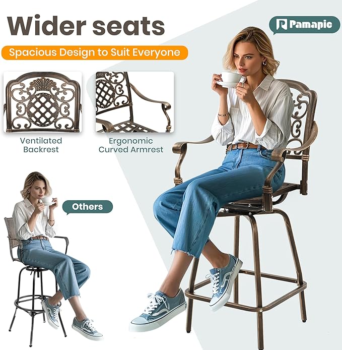 Pamapic 3-Piece Patio Swivel Bar Stools Set，Rustproof Cast Aluminum Patio Bar Sets 2，All-Weather High TopTable and Chairs Furniture Set Garden, Balcony, Bronze