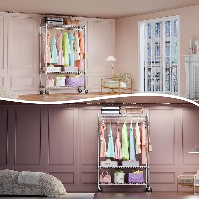 IZEUK Heavy Duty Garment Rack on Wheels, Rolling Freestanding Closet Organizer and Clothes Rack for Hanging Clothes with 1 Hang Rod, Adjustable Metal Wardrobe, 15.7" D x 45.3" W x 75.6" H, Chrome