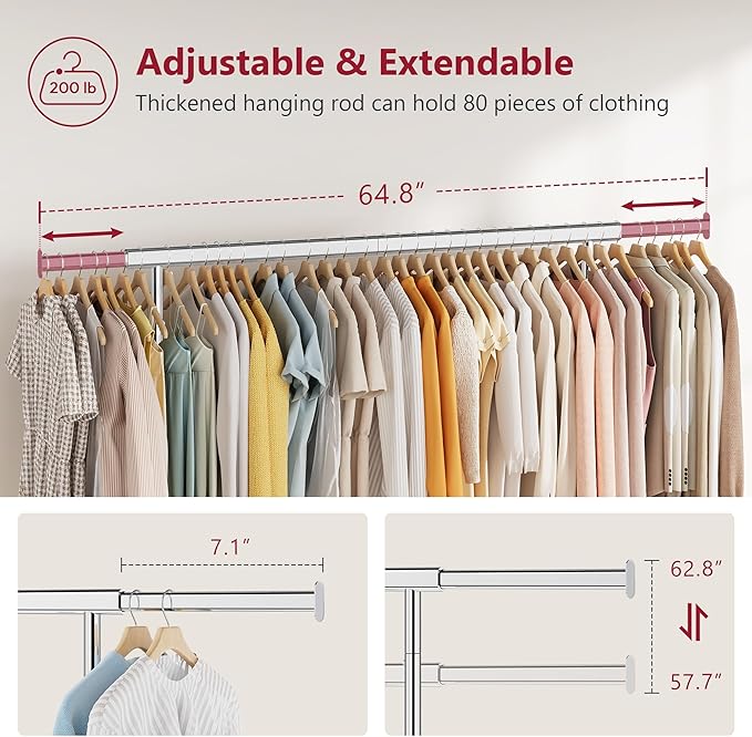 Tajsoon Clothing Rack Heavy Duty Clothes Rack Load 350 LBS, Rolling Clothes Racks for Hanging Clothes with Wheels & Extendable Rod, Collapsible Garment Rack with Bottom Shelf, Commercial, Chrome