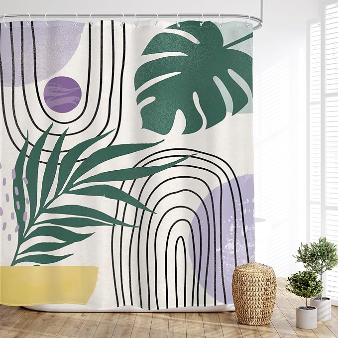 Glawry Boho Purple Shower Curtain Abstract Plant Tropical Palm Leaf Modern Minimalist Arch Geometric Bathroom Modern Mid Century 60Wx72L Inches Bath Accessories Art Home Decor Fabric 12 Pack Hook