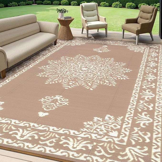Yamaziot Outdoor Rug 8x10 Ft, Waterproof Plastic Straw Patio Rug, Reversible Backyard Carpet UV Resistant Portable RV Mat Clearance, Large Indoor Outdoor Rug for Patio, Porch, Deck, Balcony, Brown