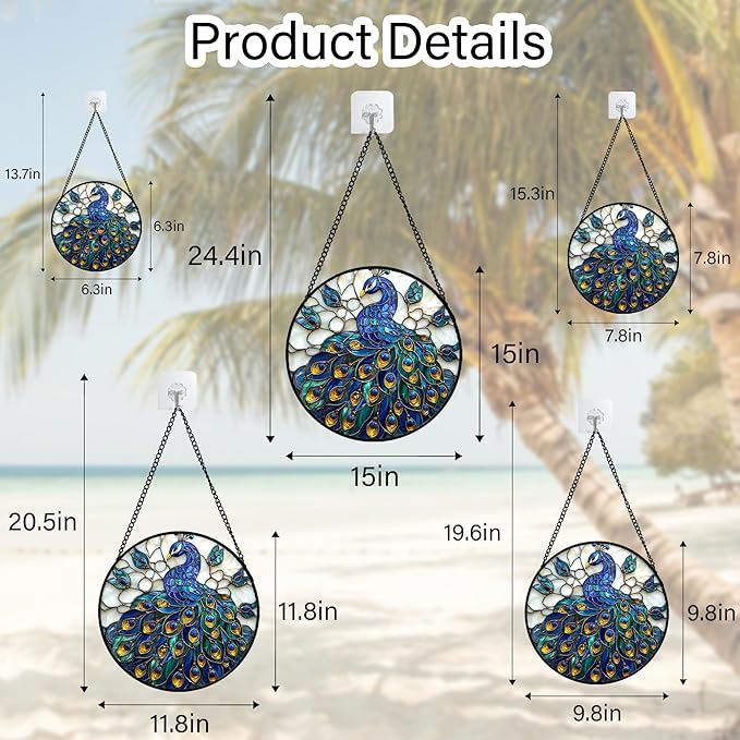 Stained Glass Window Hanging - Peacock Blue Gold Feathers Sun Catcher for Door Garden Home Decor Bird Suncatcher Christmas Mother's Day Birthday Gifts for Women Men Mom Nana 6.3 in