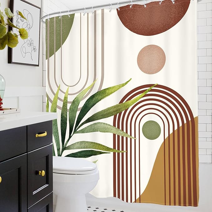 Glawry Green Brown Boho Shower Curtain Abstract Mid Century Plant Tropical Leaves Modern Geometric Bathroom Minimalist Arch Curve 60Wx72L Inches Bath Accessories Art Home Decor Fabric 12 Pack Hooks