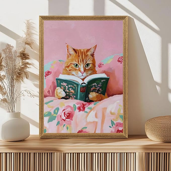 Framed Vintage Cat Canvas Wall Art, Funny Pink Animal Reading Books Painting Picture Print, Cute Kitten Lovers Aesthetic Wall Decor for Nursery Girls Room Bedroom Kids Room 16''L x 12''W