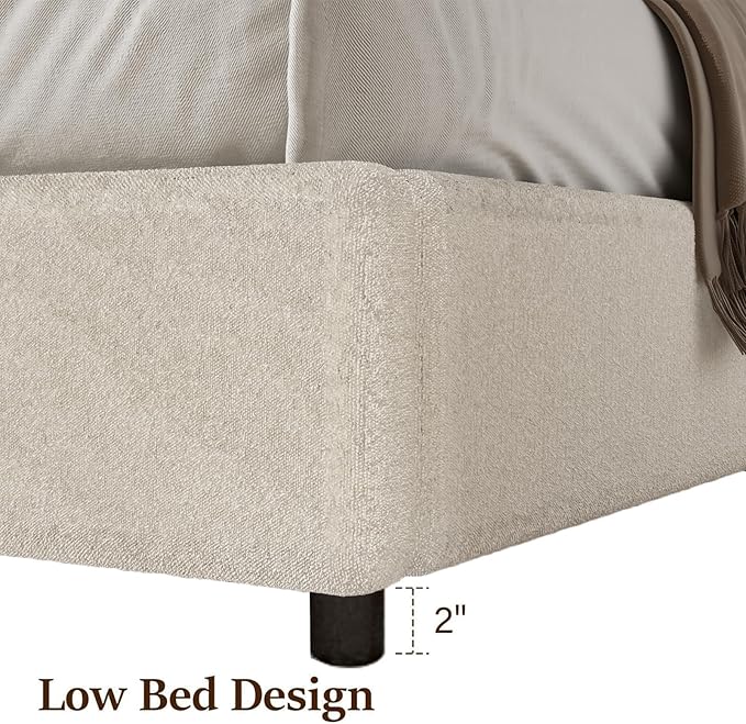 Full Size Bed Frame with Round Headboard, Upholstered Platform Bed Frame, Boucle Soft Bed Frame, Modern Style, No Box Spring Required, Easy Assembly, White