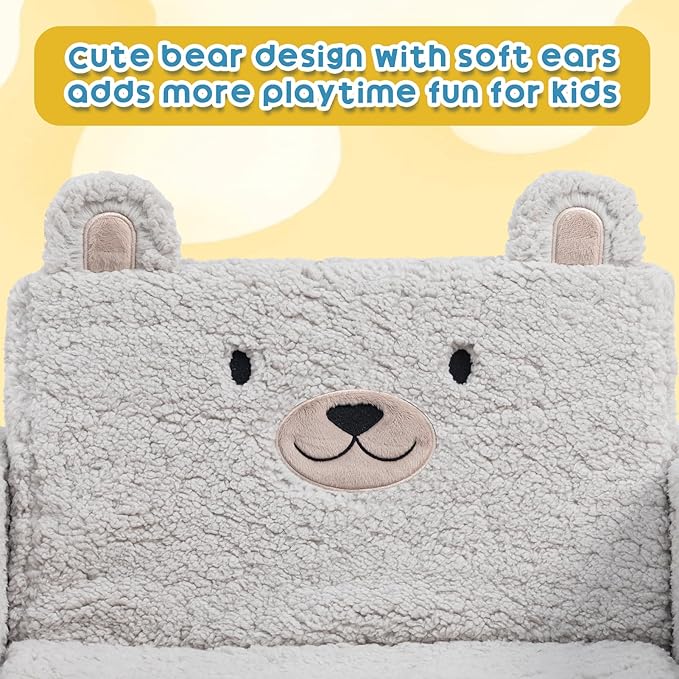 ALIMORDEN Fold Out Toddler Couch, Comfy 2-in-1 Cuddly Sherpa Bear Chair for Kids, Convertible Sofa to Lounger, Kids Cozy Corner Play Couch for Boys and Girls, Gary