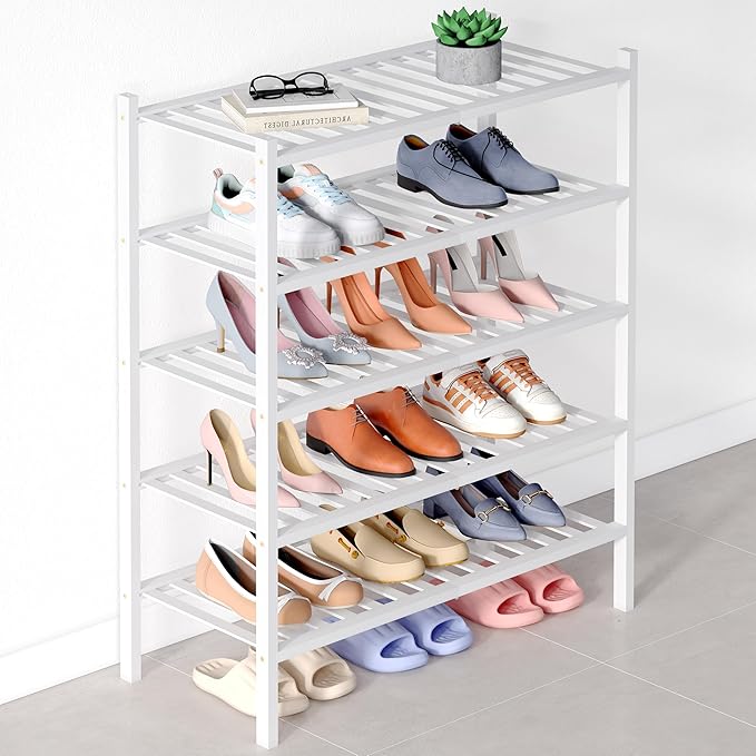 Smiry Bamboo Shoe Rack for Closet, 5 Tier Wooden Stackable Shoe Organizer, Free Standing Shoes Storage Shelf for Entryway, Front Door Entrance, White