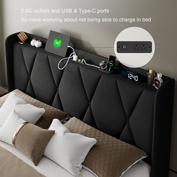 Feonase Full Size Bed Frame with 4 Storage Drawers, Upholstered Platform Bed with Charging Station, Wingback Storage Headboard, Wooden Slats Support, No Box Spring Needed, Easy-Assembly, Black