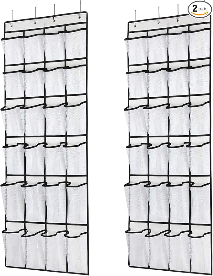 Hanging Shoe Organizer, Over The Door Shoe Organizer with 24 Mesh Large Pockets Door Shoe Rack for Men Women Kids Hanging Door Shoe Holder Size:58x21 Inch (White-2pack)