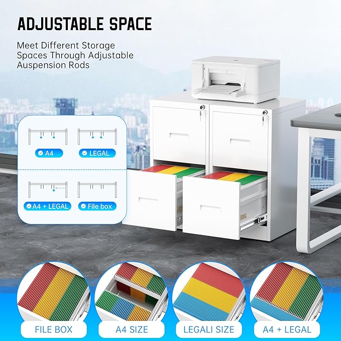 Greenvelly 18" D File Cabinet, 2 Drawer Filing Cabinet with Lock, Locking Vertical File Cabinet for Home Office, White Metal File Cabinet for Hanging Letter/Legal Folders, Easy Assemble