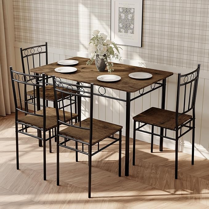 5 Piece Dining Table Set, Wood Kitchen Table and Chairs for Small Space,Breakfast Nook,Easy Assembly,Brown