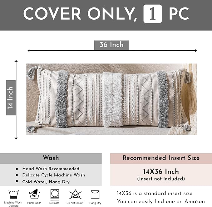 Gray Decorative Lumbar Throw Pillow Cover 14x36 Boho Long Cushion for Bed Neutral White Accent Farmhouse Pillowcase for Bedroom Living Room Couch Sofa Home Décor (Cover ONLY, Pack of 1)