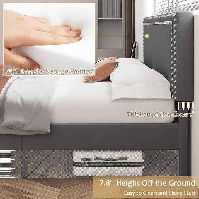 VECELO Full Size Bed Frame with Adjustable Upholstered Headboard, Wooden Slats Platform, Noise-Free Design, No Box Spring Needed, Easy Assembly