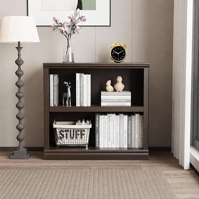 blini 2-Shelf Bookcase Wooden Bookshelves 33in Wide Floor Standing Display Storage Shelves Oak Bookcase for Home Office, Living Room, Bed Room