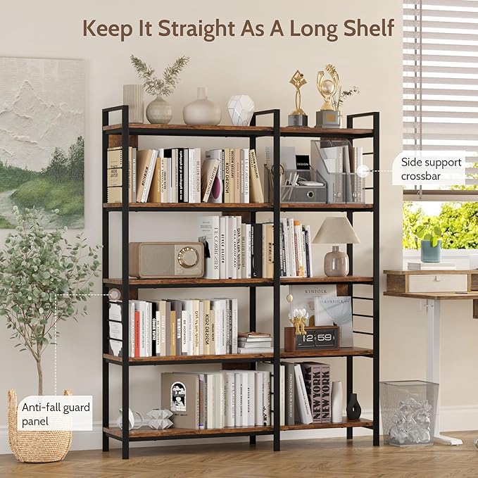 5 Tier Corner Bookshelf, Reversible Corner Shelf, Industrial Wooden Display Book Shelf Stand, L-Shaped Etagere Bookcase with Storage Shelves and Metal Frame for Living Room, Bedroom, Home Office
