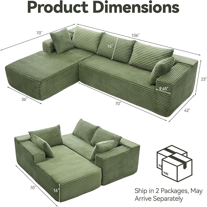 Modern Cloud Modular Sectional Sofa with Chaise, 106" L-Shaped Sofa Couch for Living Room, Deep Seat Plush Boneless Couches, Includes Pillows, Right Chaise, Green