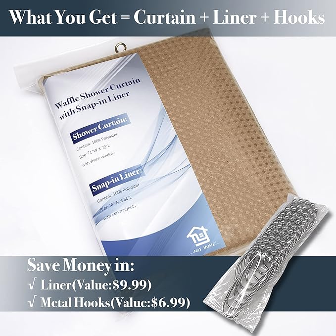 N&Y HOME Waffle Weave Shower Curtain with Snap-in Fabric Liner & 12 Metal Hooks Set - Hotel Style, Waterproof & Washable, Heavyweight Fabric & Mesh Top Window - 71x72, Coffee Brown