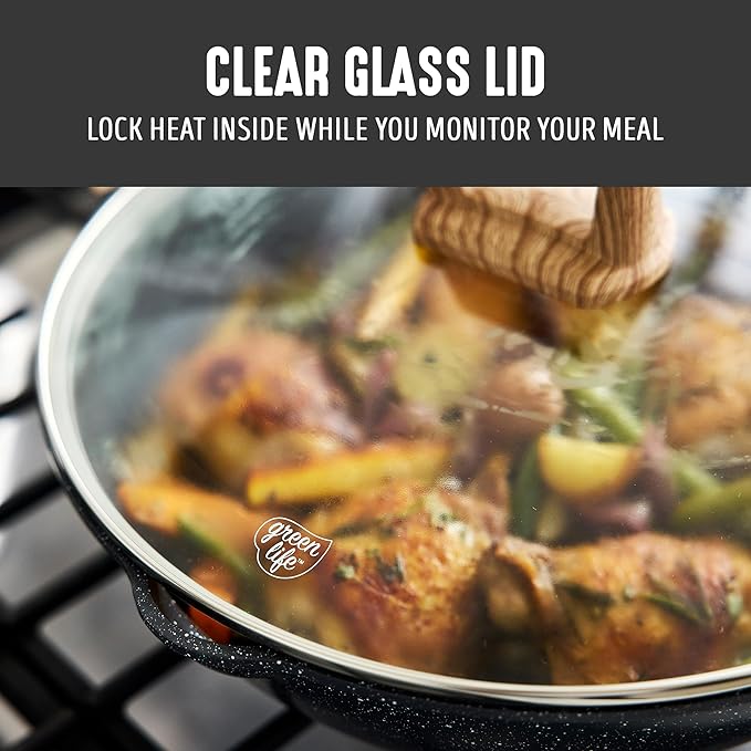 GreenLife Nonstick 12” (5QT) All in One Deep Skillet Wok with Lid, PFAS-Free Non-Toxic Ceramic Multi-Purpose Pan, Induction, All Stovetop, Egg, Stir Fry, Saute, Stay Cool Handle, Granite Black