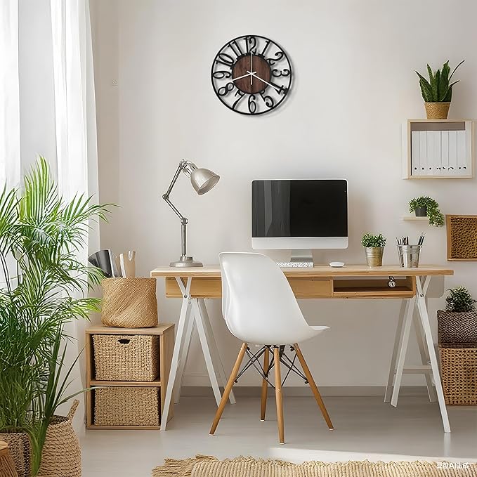 Maxstar Wall Clock Battery Operated,Silent Non-Ticking Modern Rustic Metal Round Clocks Small for Living Room/Bedroom/Office/Kitchen/Farmhouse Home Decor-14 Inch(Brown-Wood)