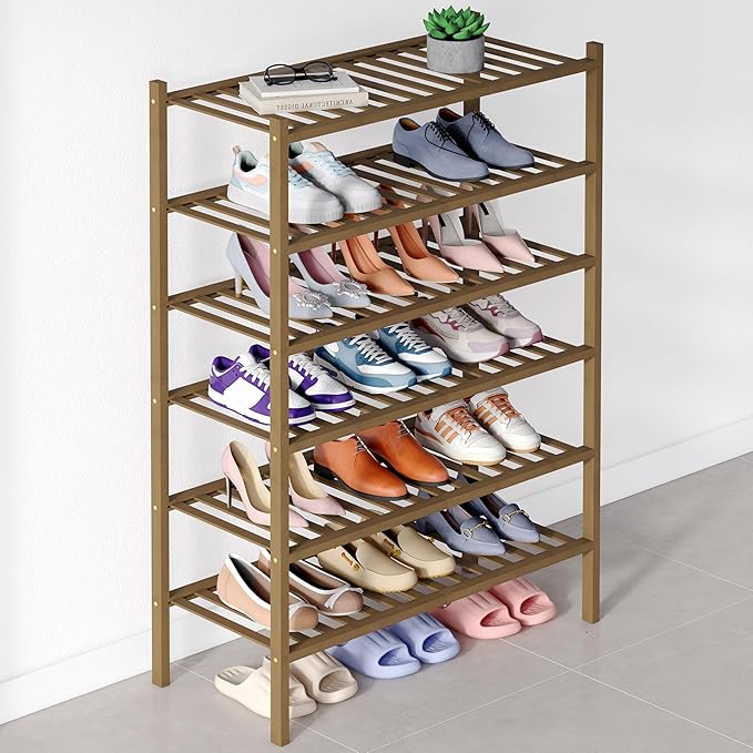 Smiry Bamboo Shoe Rack for Closet, 6 Tier Wooden Stackable Shoe Organizer, Free Standing Shoes Storage Shelf for Entryway, Front Door Entrance, Walnut