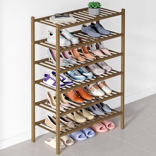 Smiry Bamboo Shoe Rack for Closet, 6 Tier Wooden Stackable Shoe Organizer, Free Standing Shoes Storage Shelf for Entryway, Front Door Entrance, Walnut