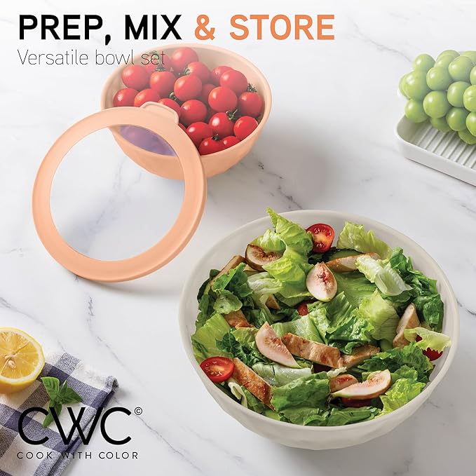 COOK WITH COLOR Mixing Bowls with Lids - 12 Piece Plastic Nesting Bowls Set includes 6 Prep Bowls and 6 Lids, Diamond Design - Microwave Safe (Mint)