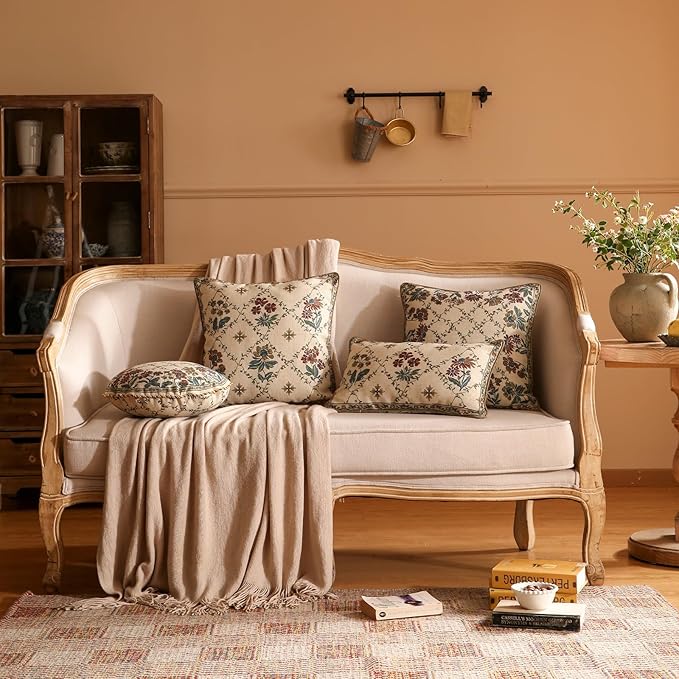 patdrea Designer Throw Pillow Covers Set of 2,Square Euro Retro Style Light Brown Linen with Floral Pattern Pillow Cover,Decorative Pillowcases Cushion for Bed Living Room Outdoor Car,18"x18"