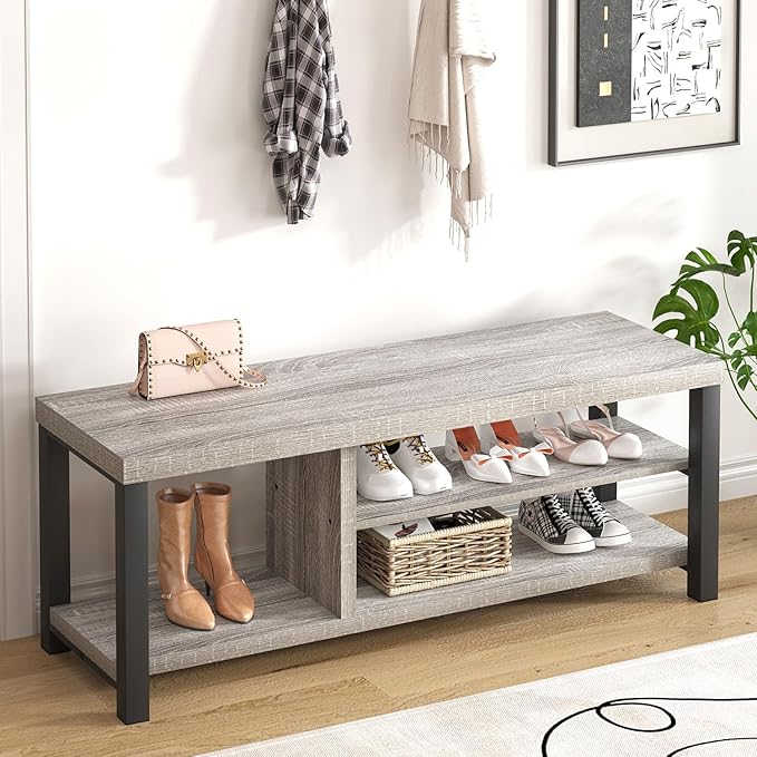 FOLUBAN Storage Bench, Vintage Wood Shoe Bench for Entryway Hallway, Industrial Indoor Shoe Rack Seat for Bedroom, Living Room, Light Grey, 43.3 Inch