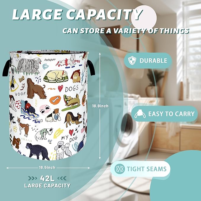 Cute Dogs Laundry Basket Foldable Oxford Cloth Colorful Animals Dog Laundry Hamper With Handle Portable Clothes Storage Basket 18.9 X 16.5 Inch Storage Bag For Laundry Room/Bathroom/Bedroom