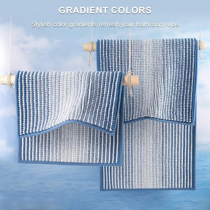 BSICPRO Bathroom Rugs and Mats Sets, 2 Piece Thick Absorbent Chenille Bath Mat Rug Set Non Slip, Soft Shaggy Bath Room Floor Mats for Bathroom, Machine Washable (Sky Blue, 20" x 60" Plus 20" x 32")