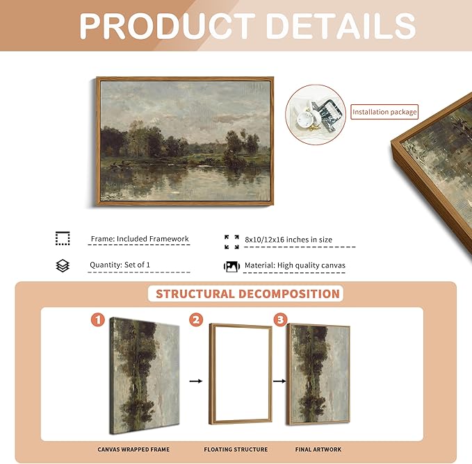 Floating Framed Canvas Wall Art - Tranquil River Landscape Pictures Prints, Countryside Vintage Scenery Paintings Wall Decor for Living Room Bedroom Office Home Decoration 8x10 inch