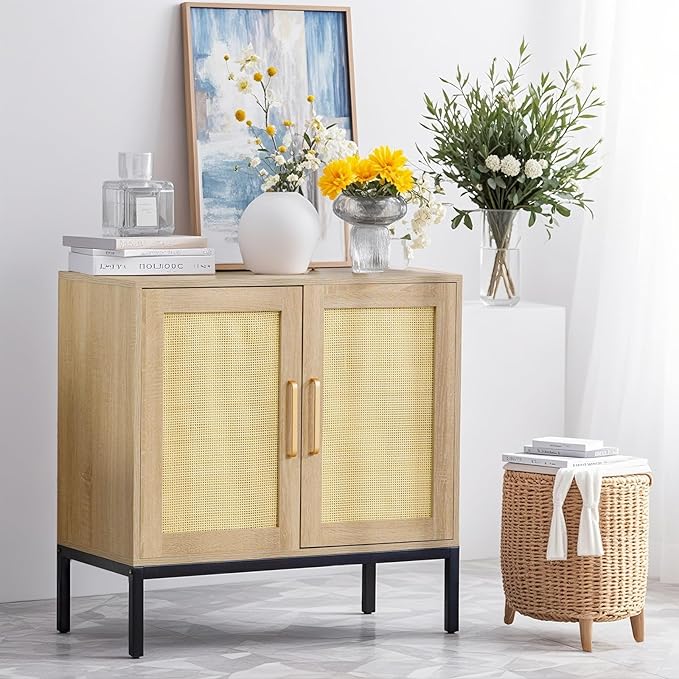 Buffet Cabinet with Storage, Storage Cabinet with Rattan Decor Doors, Accent Sideboard Bufft with Solid Wooden Feet, for Living Room, Hallway, Kitchen, Buffet Table