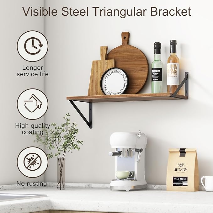 Deep Walnut Floating Shelves for Wall, 24"W x 10"D Wall Shelves Set of 2, 10 Inch Deep Floating Shelf with Brackets, Wide Display & Storage Shelves for Books, Living Room, Kitchen, Bathroom