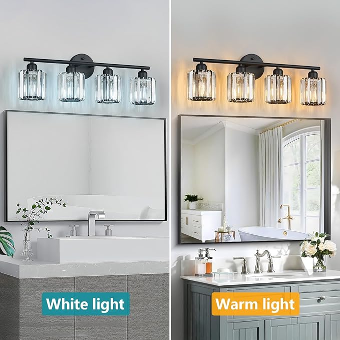 Modern 4 Light Crystal Vanity Light, Black Vertical Bathroom Light Fixture Over Mirror for Dressing Table Sink, Compatible with Dimmable Bulbs (Bulbs Not Included)