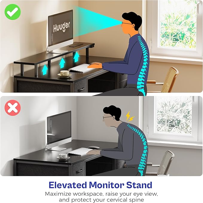 Huuger 47 inch Computer Desk with 4 Drawers, Gaming Desk with LED Lights & Power Outlets, Home Office Desk with Large Storage Space for Bedroom, Work from Home, Black